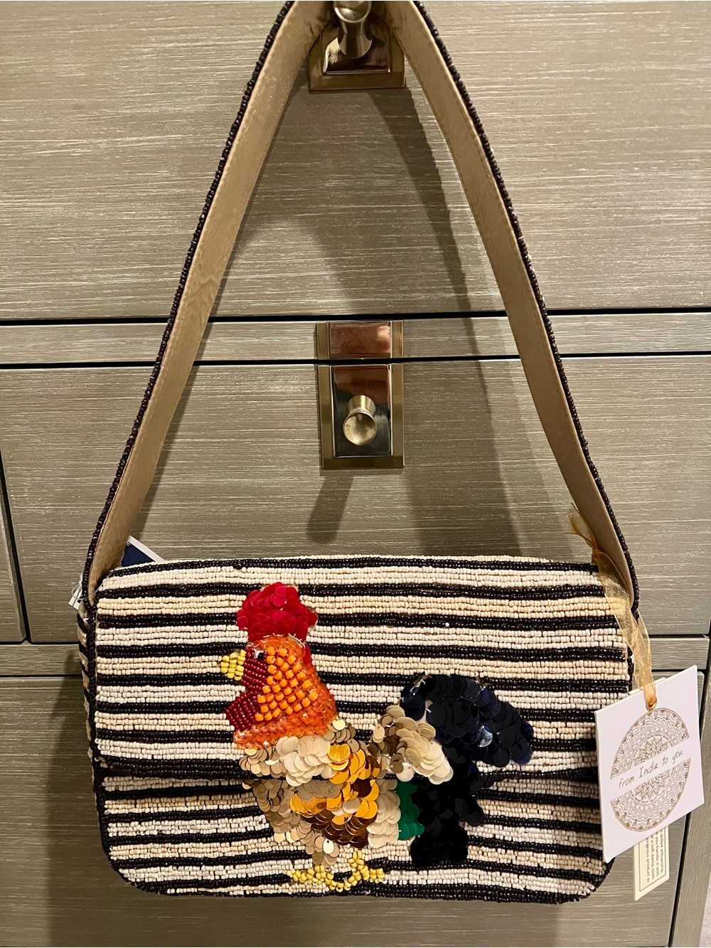 Striped Beaded Rooster Shoulder Bag NWT
